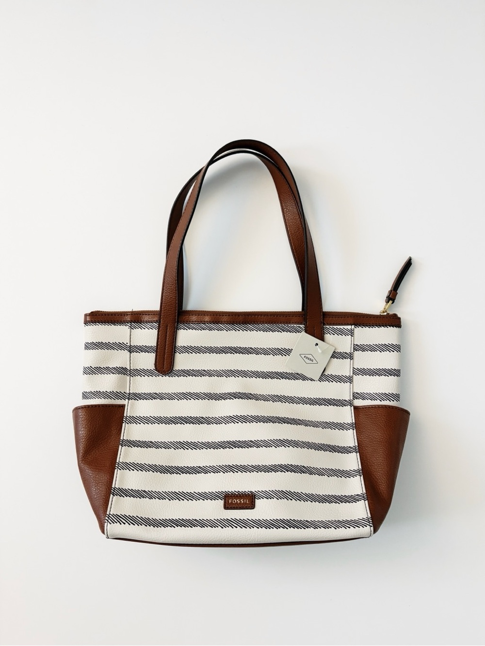 Fossil Mimi Leather Tote Bag in Neutral Stripe